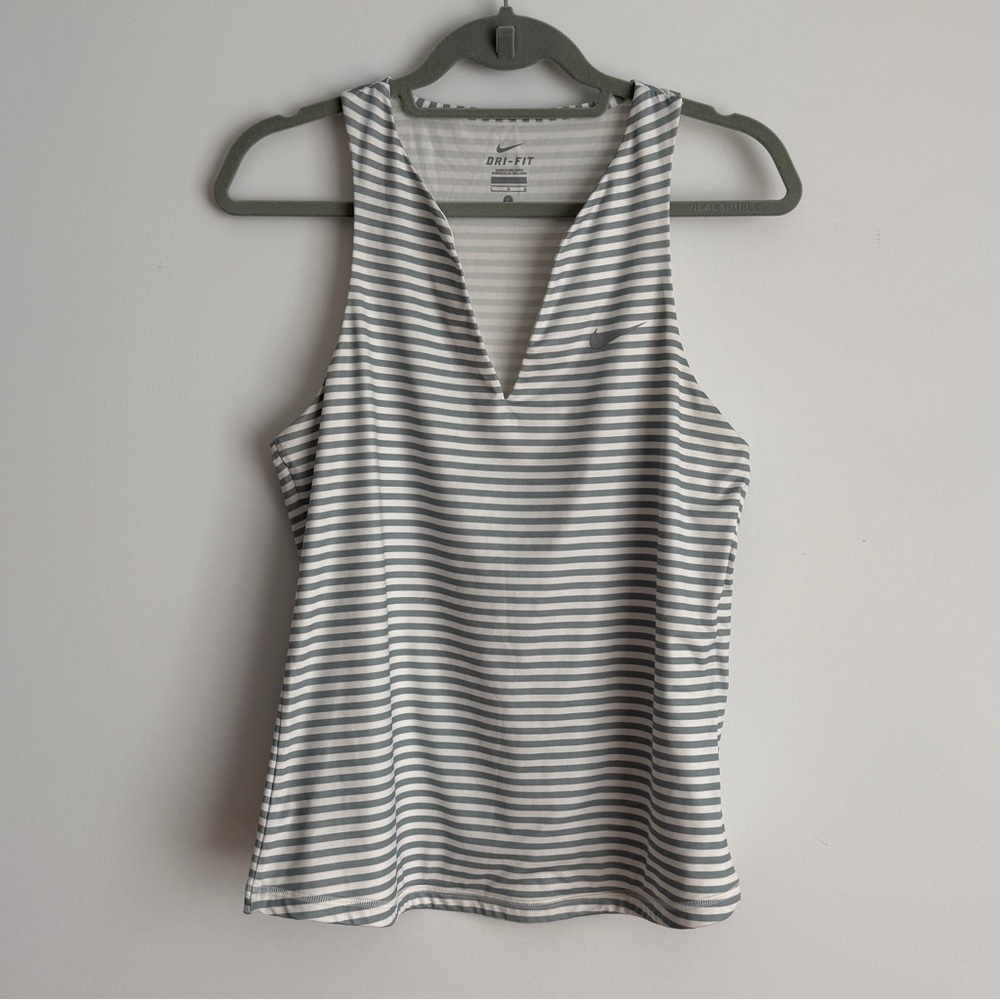 Nike Women's Gray and White Striped Tank Top